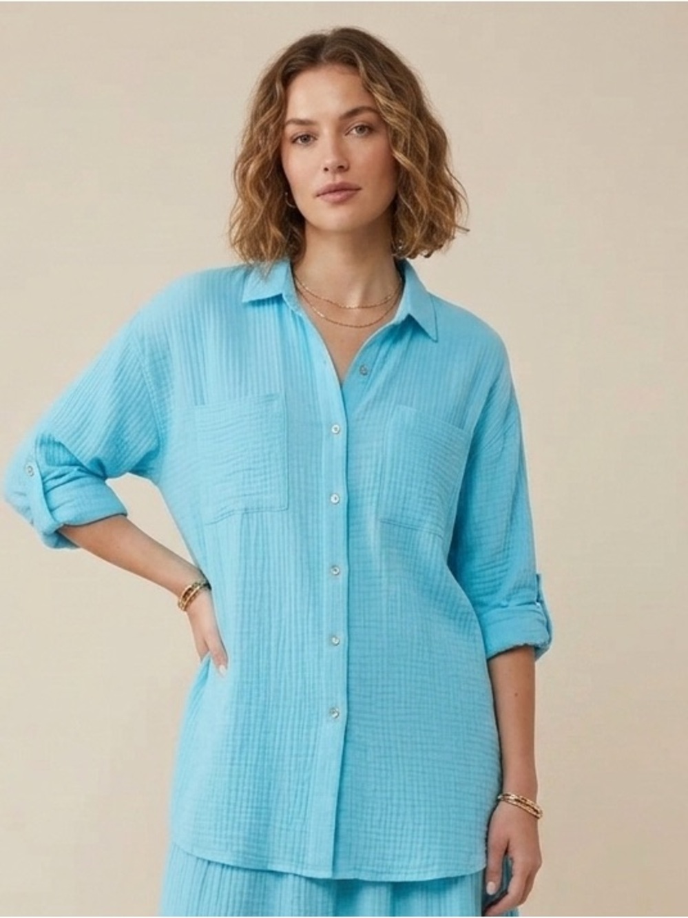 NWT Magaschoni Organic Cotton Gauze Button Up Blouse Blue